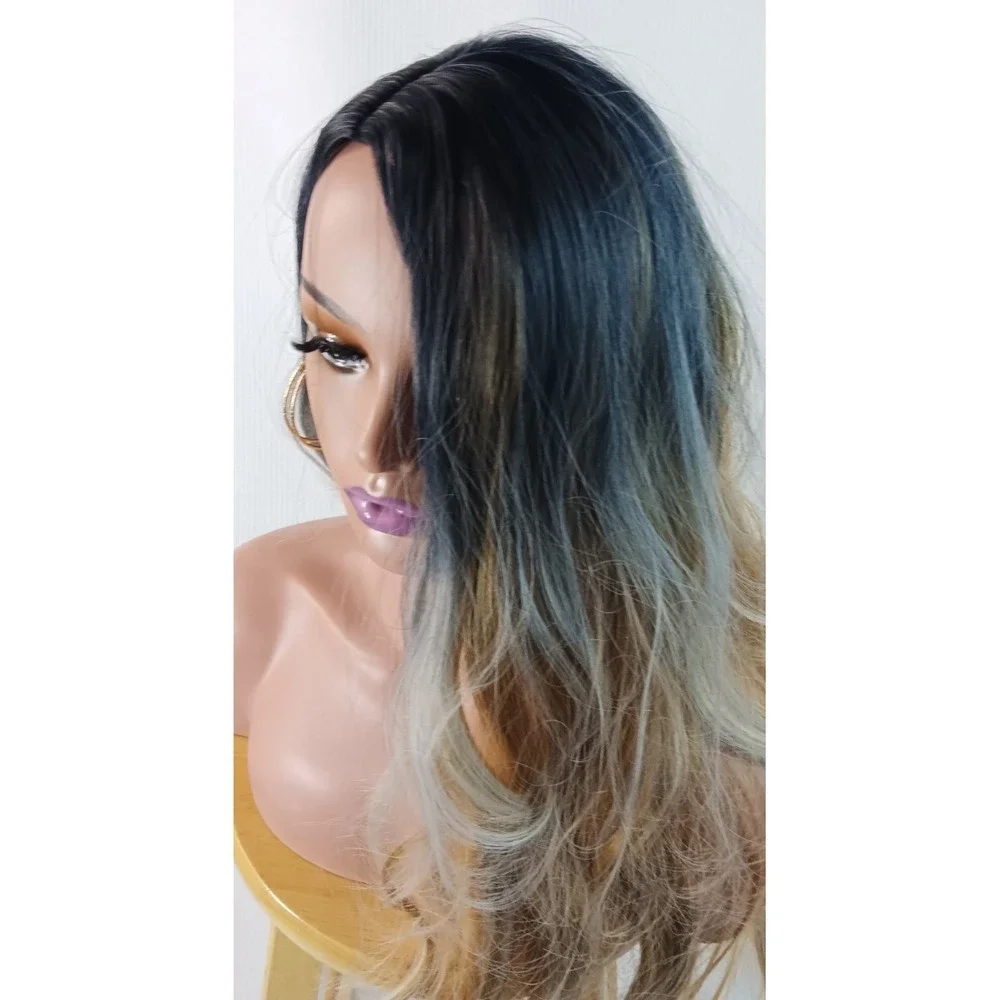 Women's Wavy synthetic layered Ombre Light Copper Brown middle part hair wig 25